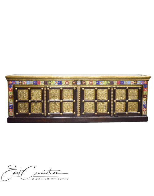 Indian Teak Brass & Morrocan Tile Fitted Entertainment Unit