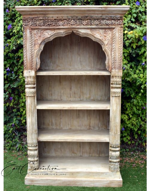 Indian Antique Pillar Hand Carved Timber Mehrab Bookshelf