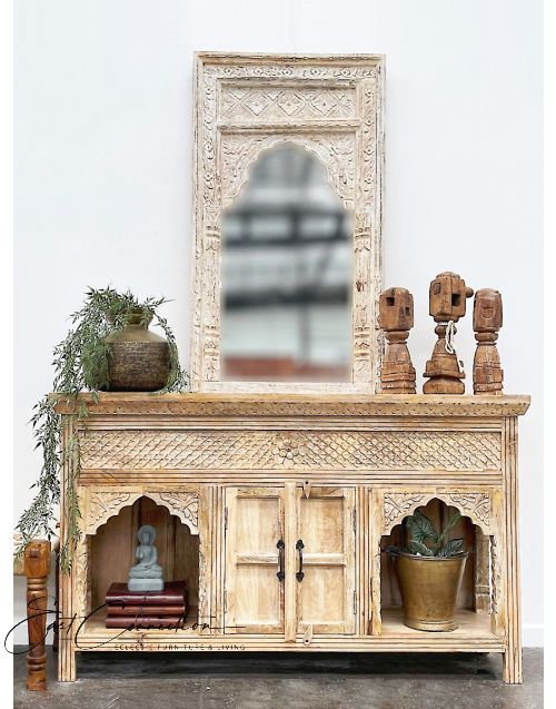 Indian Hand Carved Timber Mehrab Distresed Finish Vanity Console Table