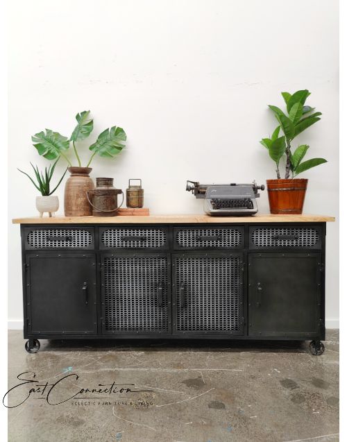 Vintage Industrial Metal Mesh Timber Top Buffet Sideboard on Castors