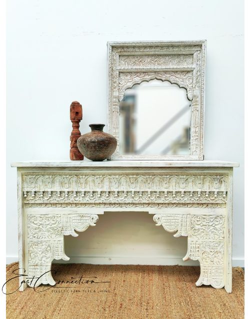 Distressed White Ethnic Indian Hand Carved Timber Console Table