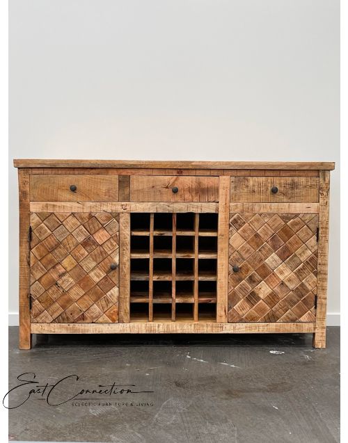 Vintage Scandinavian Natural Timber Pattern Parquet Buffet Wine Cabinet