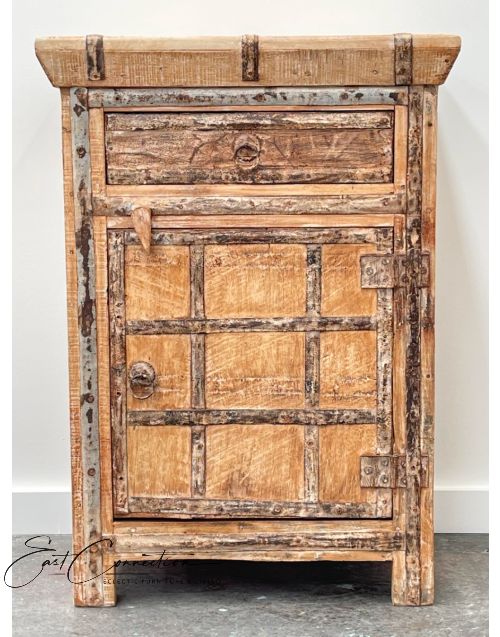 Whitewashed Indian Antique Timber & Metal Bedside Side Table