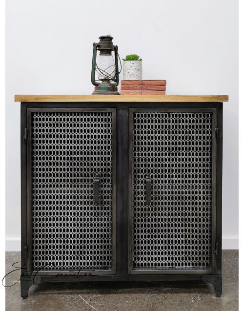 Vintage Industrial Metal Mesh Door Timber Sideboard Cabinet