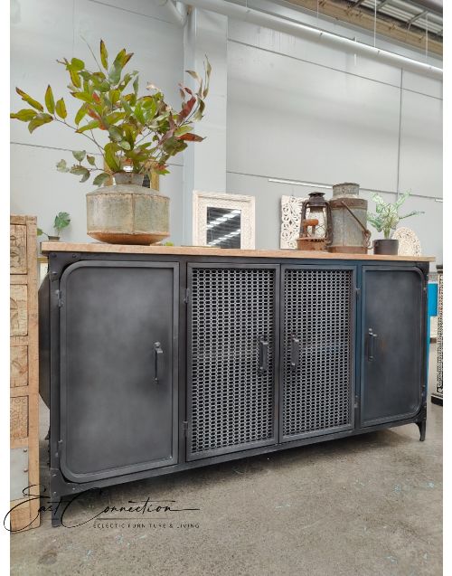 Vintage Industrial Metal & Mesh Door Timber Top Buffet Sideboard