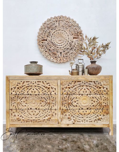 Hand Carved Natural Timber Indian Mandala Chest of Drawers