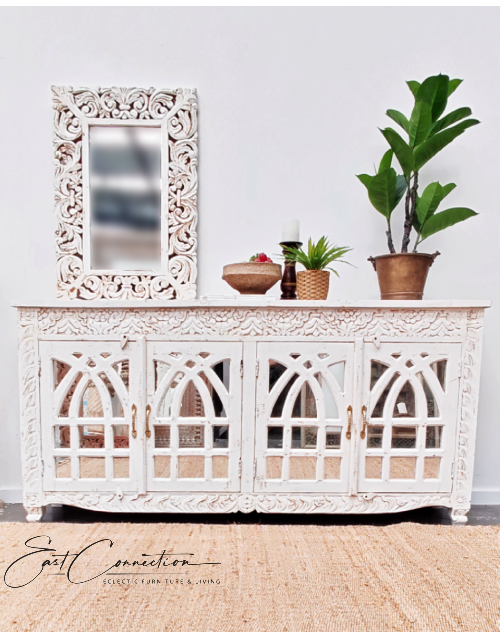 White Carved French Provincial Mirror Door Buffet Sideboard