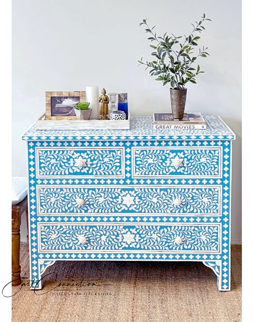 Blue Genuine Bone Inlay Chest of Drawers Sideboard