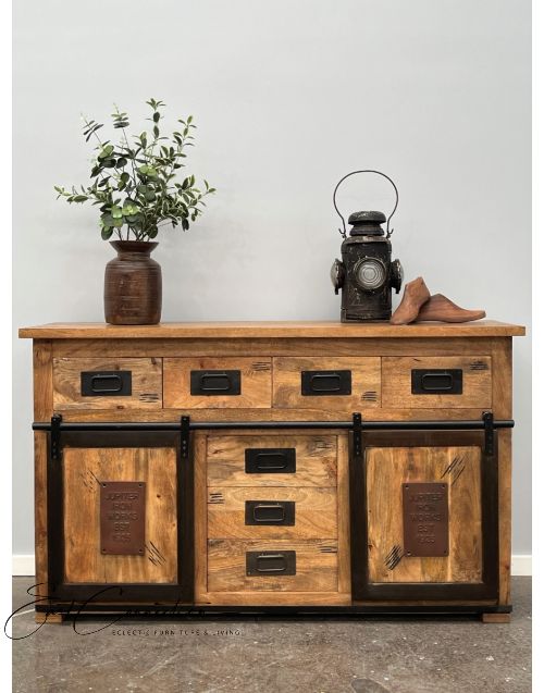 Vintage Industrial Metal & Solid Timber Sliding Door Sideboard