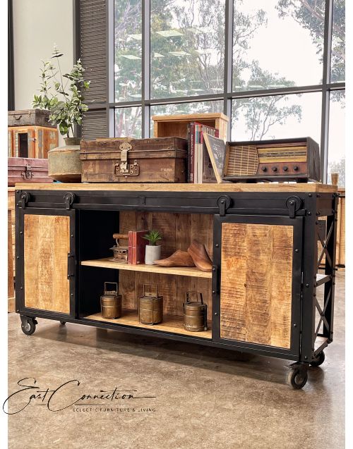 Vintage Industrial Metal Sliding Door Buffet Sideboard