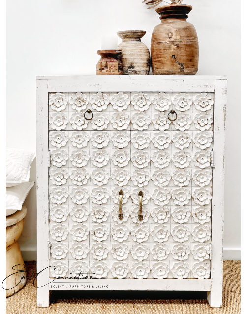 French Provincial White Hand Carved Floral Sideboard Cabinet