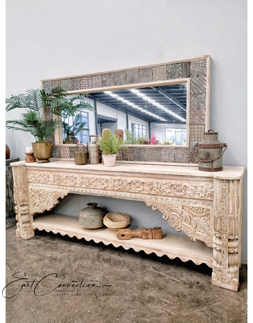 Reclaimed Antique Timber Indian Hand Carved Console Hall Table with Shelf