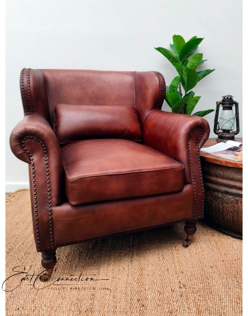 Brown Top Grain Leather Wingback Armchair