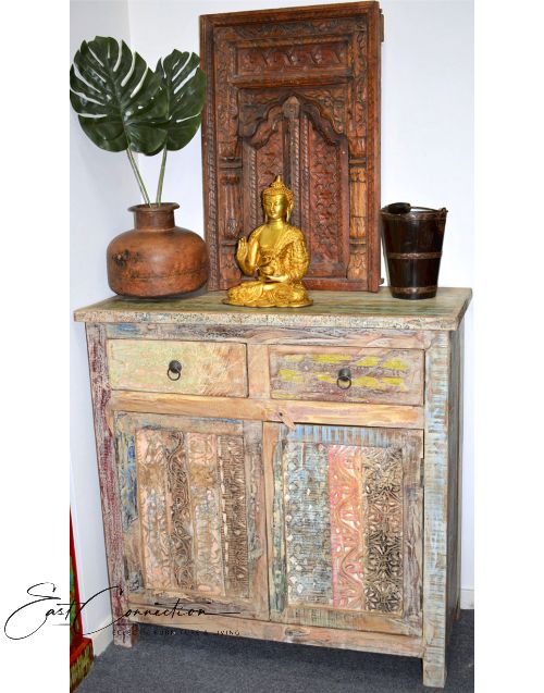 Hand Carved Recycled Timber Shabby Chic Sideboard Cabinet