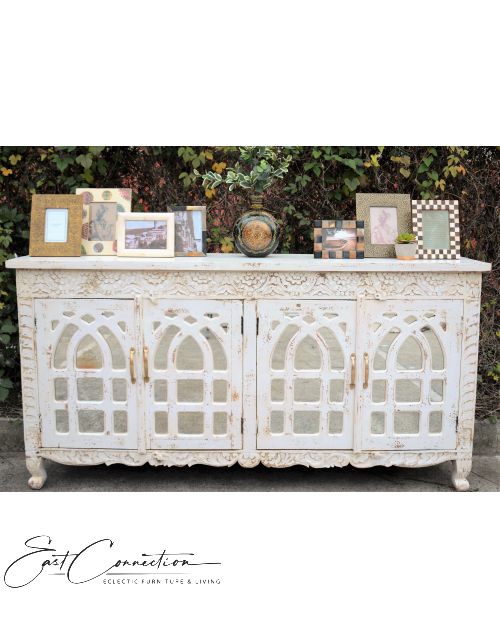 White Carved French Provincial Mirror Door Buffet Sideboard