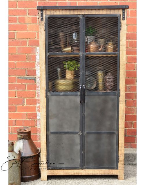 Vintage Industrial Timber Wire Metal Door Wardrobe Display Cabinet