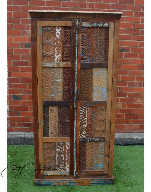 Tall Hand Carved Recycled Timber Wardrobe Cabinet