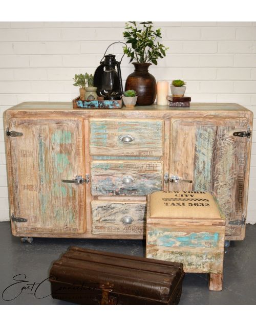 Whitewashed Timber Retro Industrial Sideboard