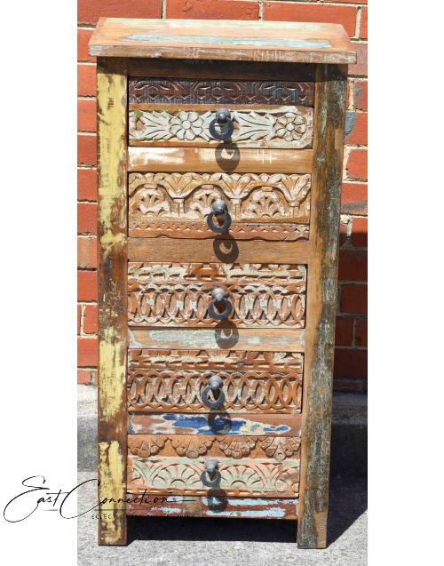 Reclaimed Timber Hand Carved Tallboy Drawer Unit