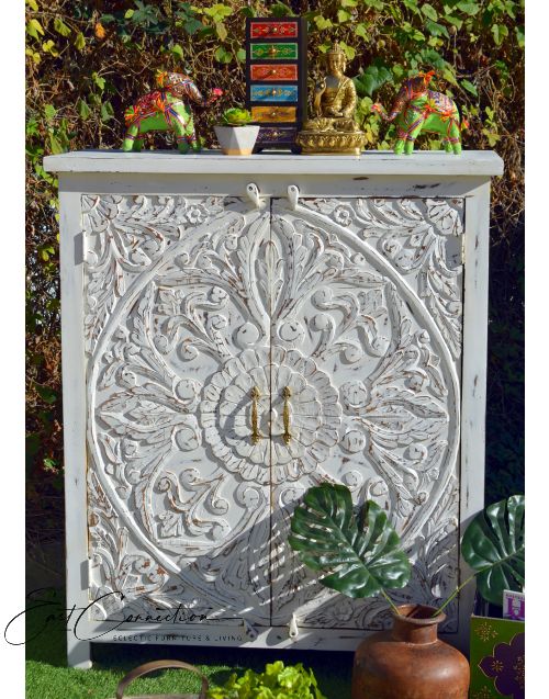 Shabby Chic White Hand Carved Mandala Storage Cabinet