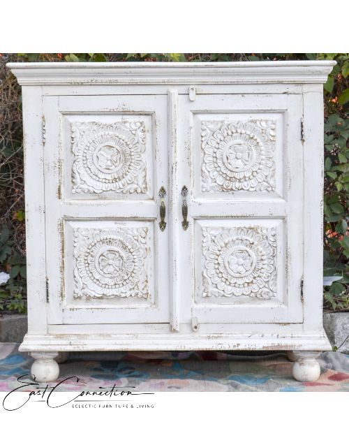 White Shabby Chic Carved Reclaimed Timber Sideboard Cabinet