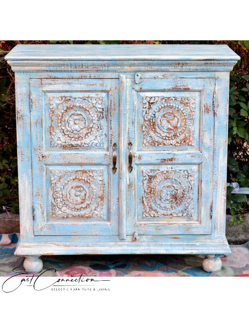 Blue Shabby Chic Carved Reclaimed Timber Sideboard Cabinet