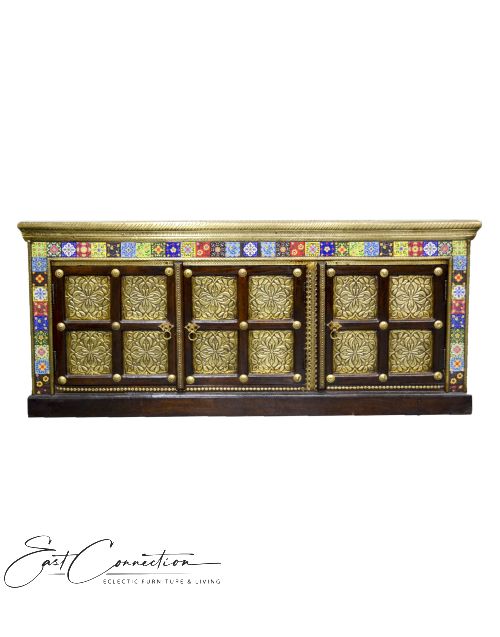 Indian Teak Brass & Tile Fitted Entertainment Unit
