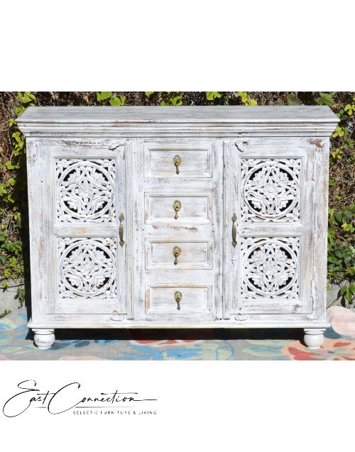 White Shabby Chic Mandala Carved Sideboard Cabinet