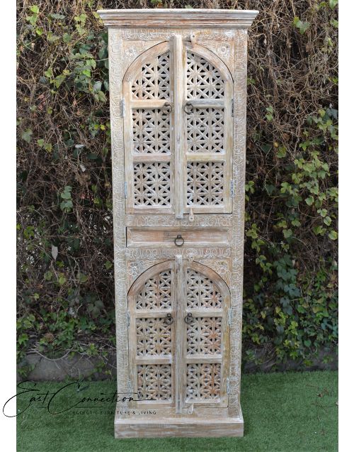 Tall Distressed Finish Hand Carved Mehrab Cabinet