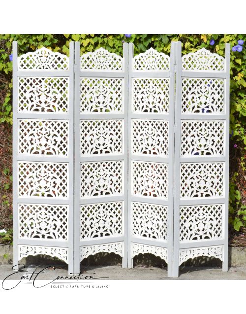 Grey & White Shabby Chic Hand Carved Indian Timber Screen