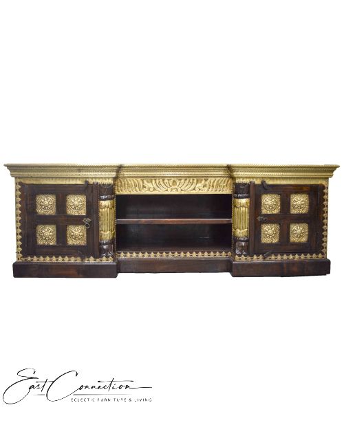 Large Indian Brass & Timber Entertainment Unit