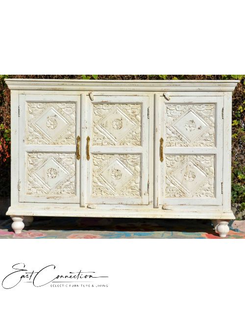 White Shabby Chic Carved Reclaimed Timber Sideboard