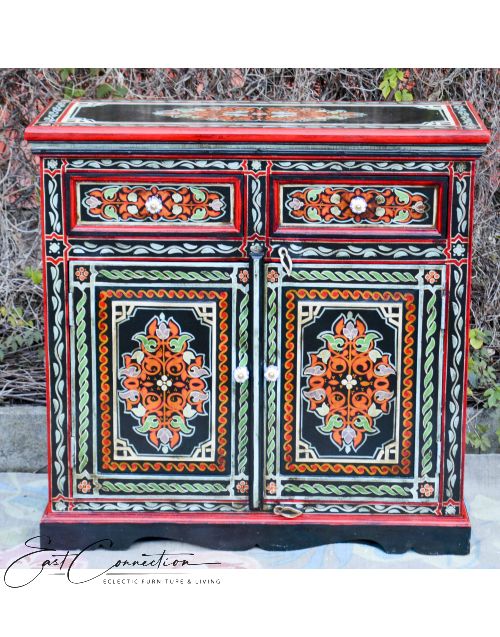 Black Hand Painted Indian Floral Sideboard Cabinet