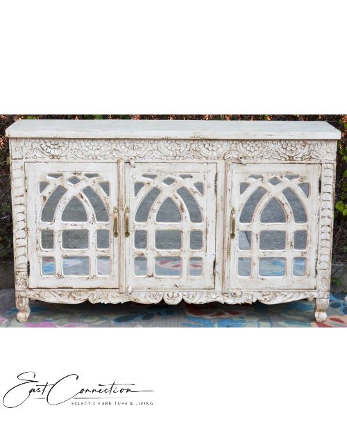 White Carved French Provincial Mirror Door Sideboard