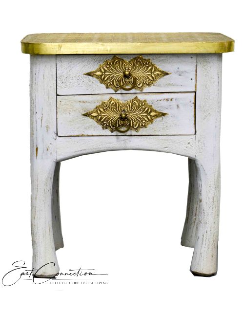 Indian Brass White Painted Bedside Drawers