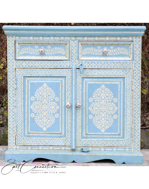 Blue Hand Painted Timber Bone Inlay Sideboard Cabinet
