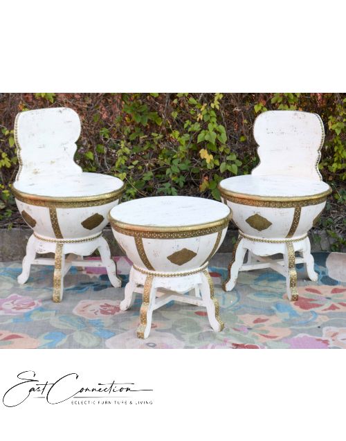 Indian Embossed Brass White Moroccan Table & Chair Set