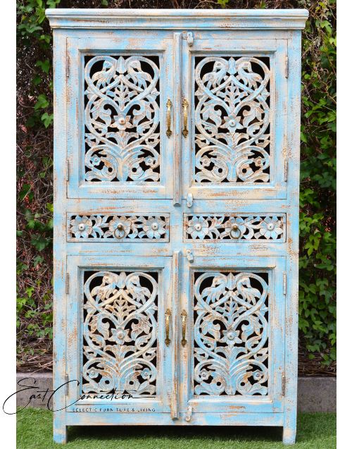 French Provincial Blue Hand Carved Storage Cabinet