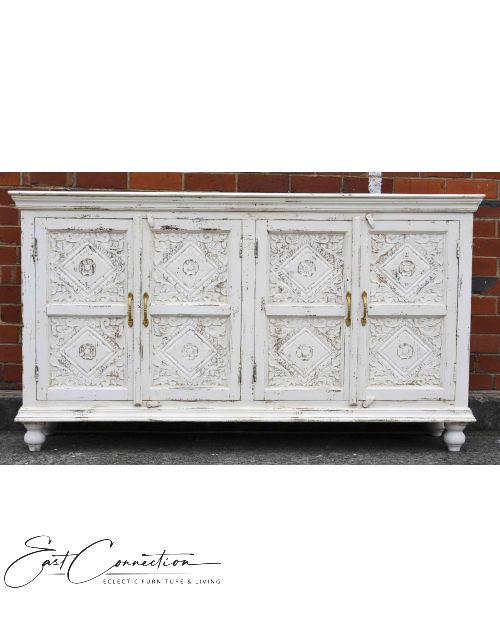 White Shabby Chic Carved Reclaimed Timber Sideboard Buffet