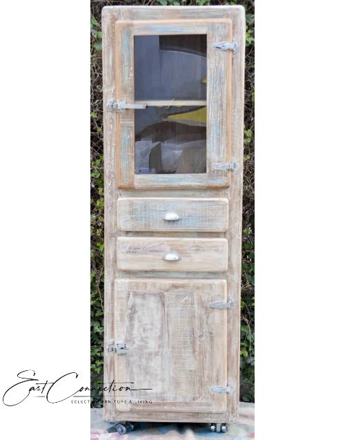 Whitewashed Timber Retro Industrial Display Cabinet