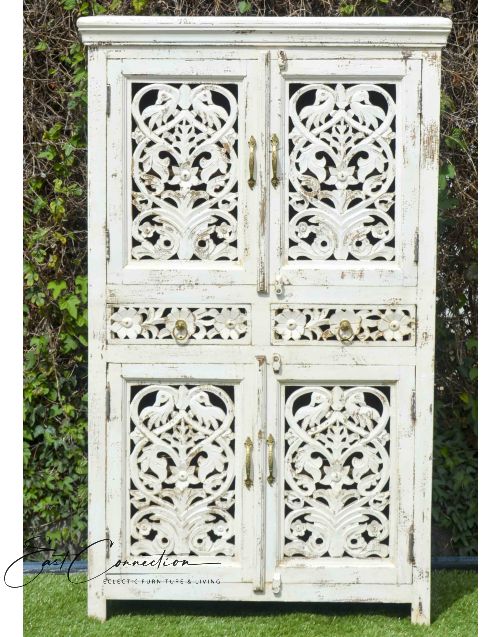 French Provincial White Hand Carved Storage Cabinet