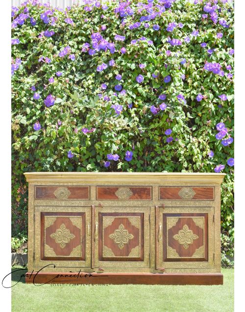 Indian Timber & Antique Embossed Brass Buffet Sideboard