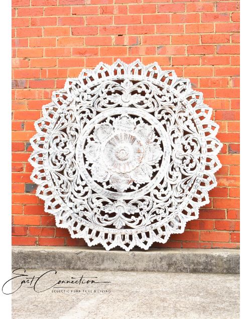 White Round Hand Carved Antique Timber Wall Art