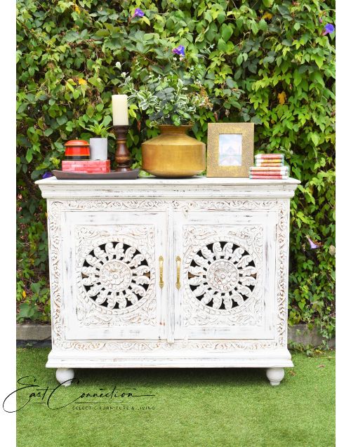 French Provincial White Hand Carved Floral Mandala Sideboard Cabinet