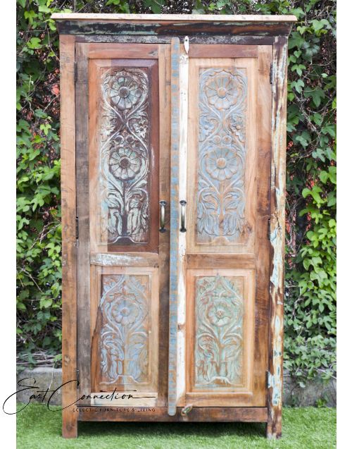 Recycled Timber Carved Floral Door Wardrobe