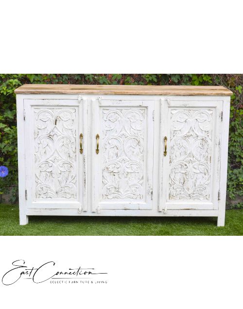 White Teak Top Hand Carved French Provincial Buffet Sideboard