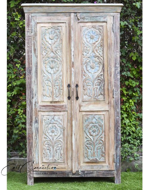 Shabby Chic Recycled Timber Carved Floral Door Wardrobe