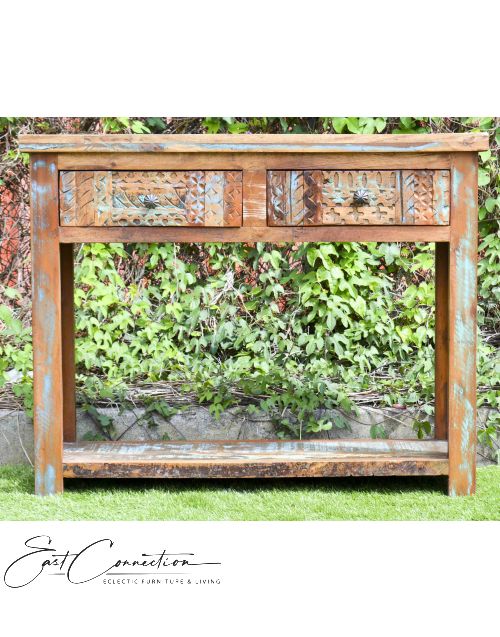 Hand Carved Recycled Timber 2 drawer console hall table
