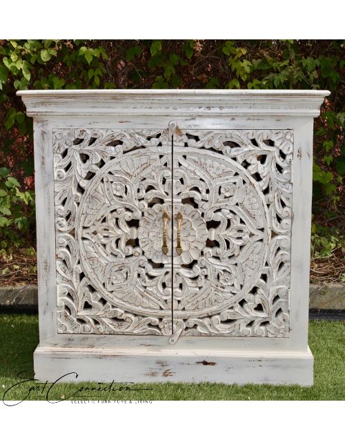 White French Provincial Floral Mandala Carved Sideboard Cabinet