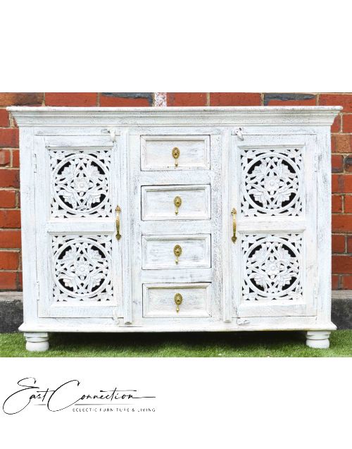 Shabby Chic White Mandala Carved Sideboard Cabinet